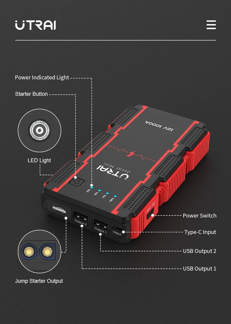 UTRAI 1000A Starthilfe Power Bank Startgerät Tragbarer Notfall-Booster für 12V Fahrzeuge Kleine LKWs