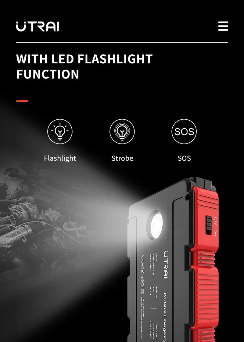 UTRAI 1000A Starthilfe Power Bank Startgerät Tragbarer Notfall-Booster für 12V Fahrzeuge Kleine LKWs