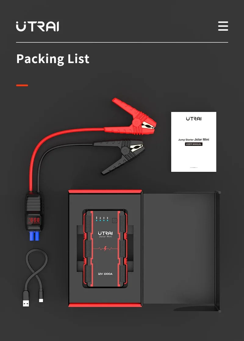 UTRAI 1000A Starthilfe Power Bank Startgerät Tragbarer Notfall-Booster für 12V Fahrzeuge Kleine LKWs