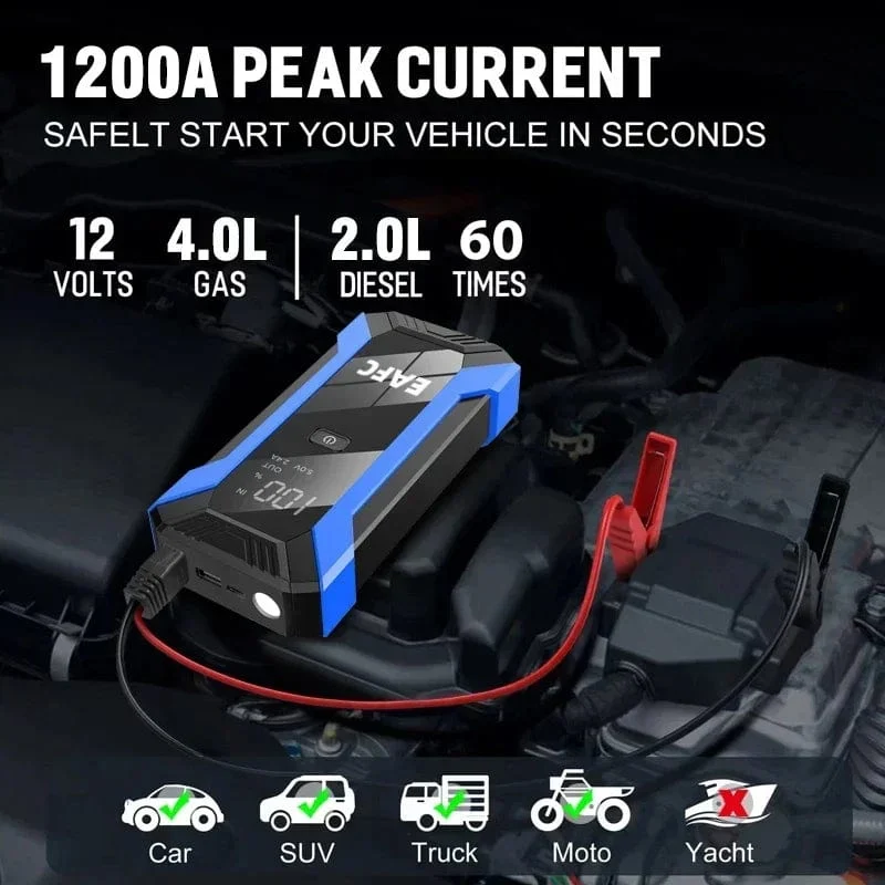 12V Auto Starthilfe 1200A Ausgang Tragbares Notfall-Start-up-Ladegerät Benzinauto Power Bank Booster Batterie Startgerät