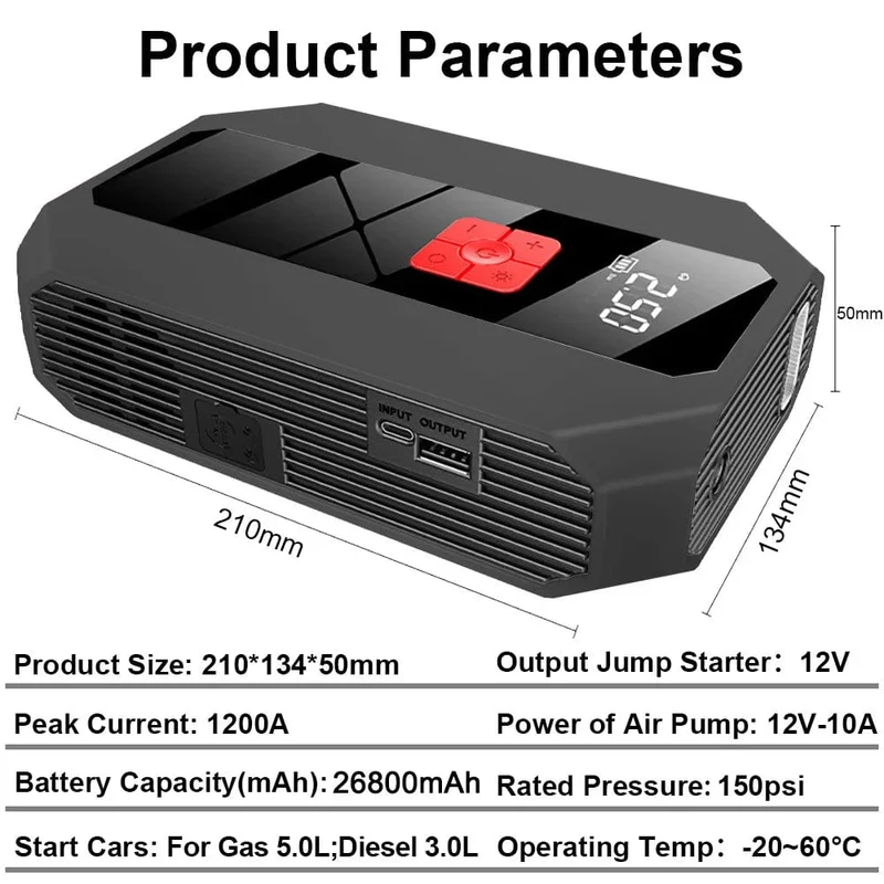 Neu 1200A 26800mAh Auto Starthilfe 4 In 1 Pumpe Luft Kompressor Ausgangs Gerät Power Bank 12V Digitale Reifen inflator 150PSI
