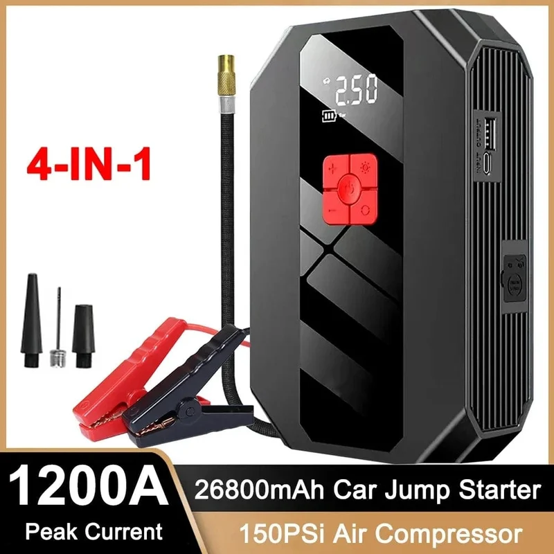 Neu 1200A 26800mAh Auto Starthilfe 4 In 1 Pumpe Luft Kompressor Ausgangs Gerät Power Bank 12V Digitale Reifen inflator 150PSI