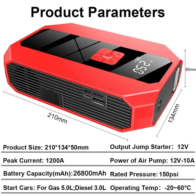Neu 1200A 26800mAh Auto Starthilfe 4 In 1 Pumpe Luft Kompressor Ausgangs Gerät Power Bank 12V Digitale Reifen inflator 150PSI