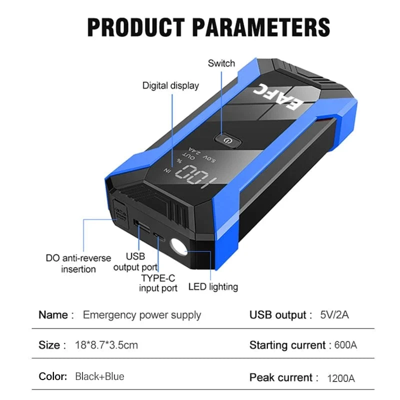 Power Bank 2000A/1200A/600A 12V Autobatterie Starthilfe Tragbares Ladegerät Auto Booster Auto Startgerät Notfallstarter