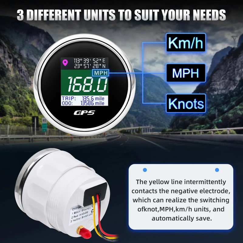 52mm Digitaler GPS Tacho TFT Bildschirm Wasserdichter Kilometerzähler einstellen Mph Knoten Km/h Geschwindigkeitsmesser für Boot Auto Motor Yacht 12V 24V