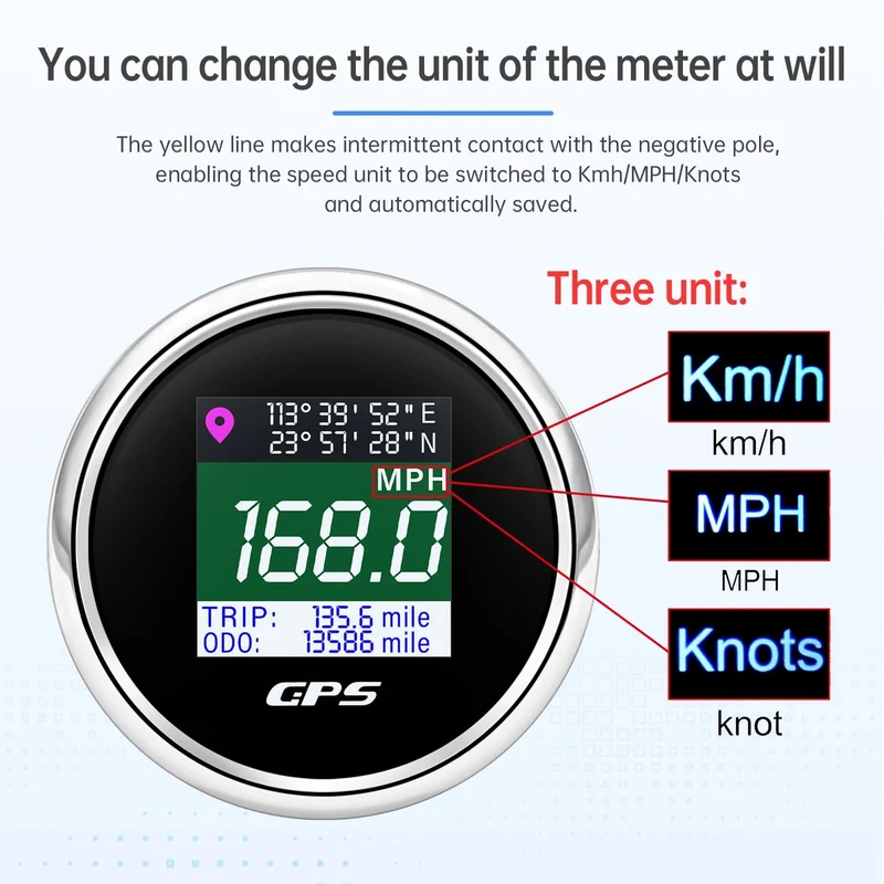 52mm Digitaler GPS Tacho TFT Bildschirm Wasserdichter Kilometerzähler einstellen Mph Knoten Km/h Geschwindigkeitsmesser für Boot Auto Motor Yacht 12V 24V