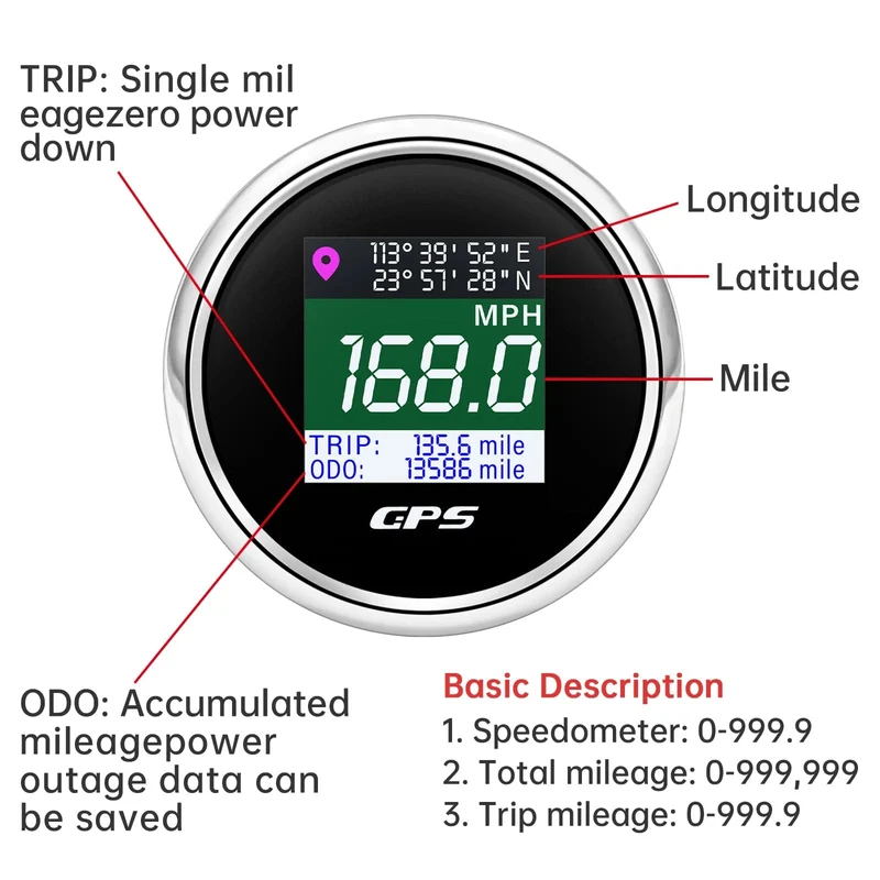 52mm Digitaler GPS Tacho TFT Bildschirm Wasserdichter Kilometerzähler einstellen Mph Knoten Km/h Geschwindigkeitsmesser für Boot Auto Motor Yacht 12V 24V