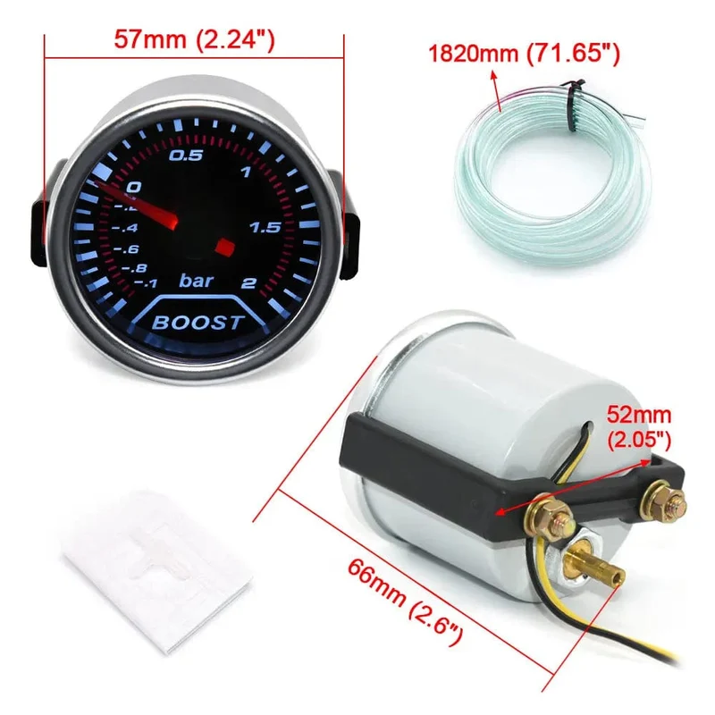 2 "52mm Universal 12V LED Smoke Len -1 ~ 0 ~ 2 BAR Turbo Boost Gauge Meter/Turbo Boost Meter mit weißer LED-Hintergrundbeleuchtung für 12V Auto