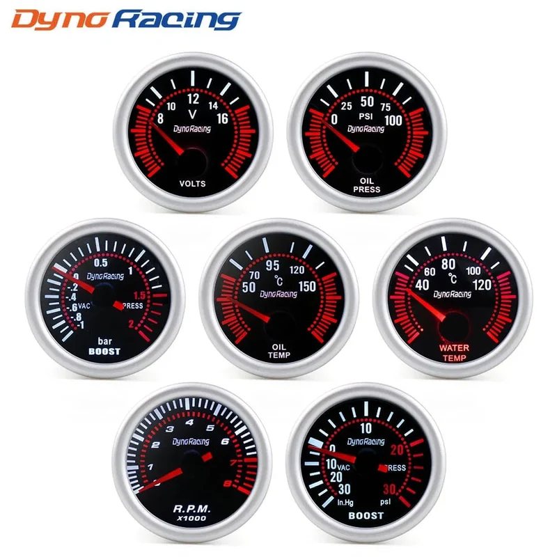 Dynoracing 2" 52mm getönte Linse Ladedruckanzeige bar psi Vakuum Wassertemperatur Öltemperatur Öldruck Voltmeter Kraftstoffstand Drehzahlmesser Drehzahlmesser