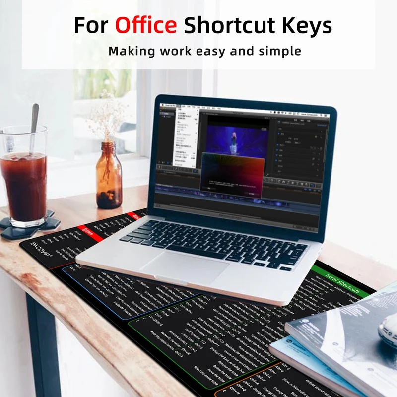 EXCO Office Shortcuts Mauspad, groß, erweitertes Excel, Powerpoint, Word-Software, Gaming-Schreibtisch-Tastatur-Mauspad mit genähtem Rand