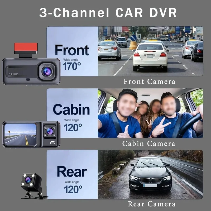 3-Kanal-Dashcam für Autos, Kamera, Black Box, 1080P, Videorecorder, Rückfahrkamera für Fahrzeug, Auto-DVR, Autozubehör