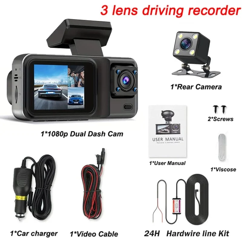 3-Kanal-Dashcam für Autos, Kamera, Black Box, 1080P, Videorecorder, Rückfahrkamera für Fahrzeug, Auto-DVR, Autozubehör