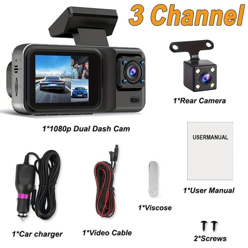 3-Kanal-Dashcam für Autos, Kamera, Black Box, 1080P, Videorecorder, Rückfahrkamera für Fahrzeug, Auto-DVR, Autozubehör