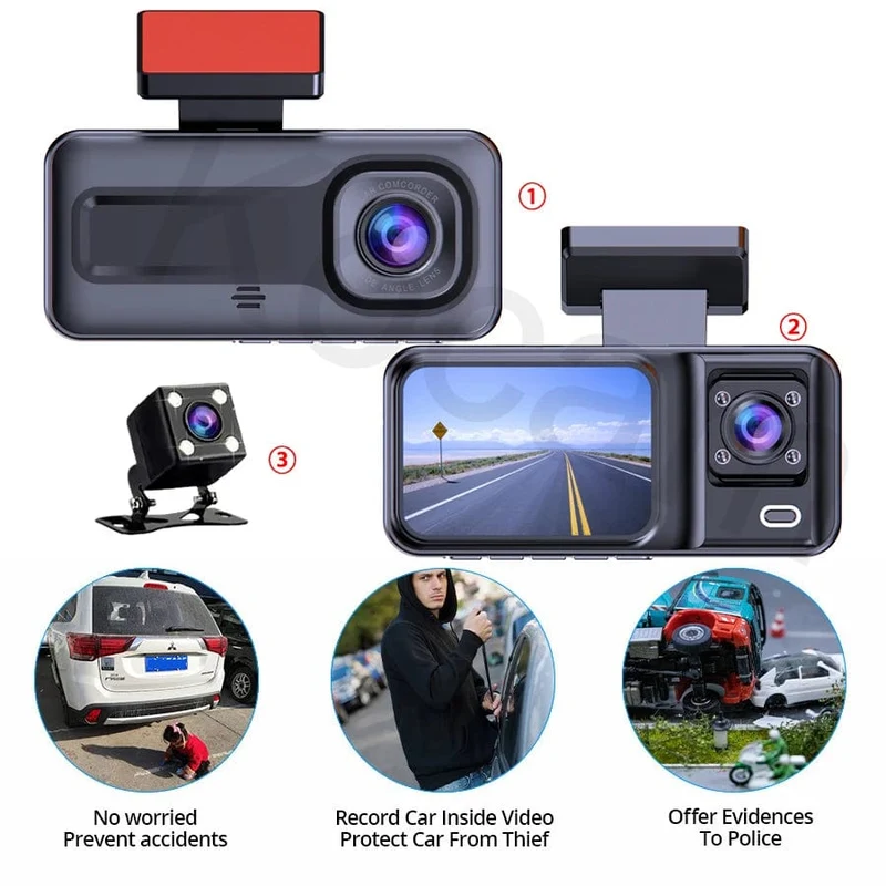 3-Kanal-Dashcam für Autos, Kamera, Black Box, 1080P, Videorecorder, Rückfahrkamera für Fahrzeug, Auto-DVR, Autozubehör