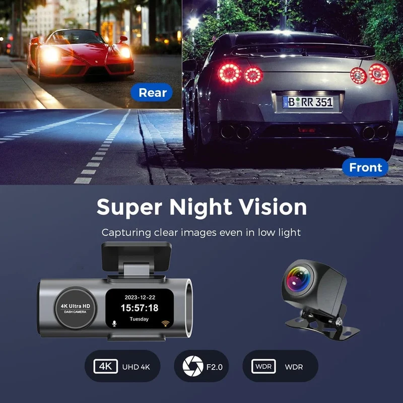 Dashcam UHD 4K+1080P Autorekorder mit Doppelobjektiv und WiFi HD IR Nachtsicht-Camcorder G-Sensor Auto DVR Black Box