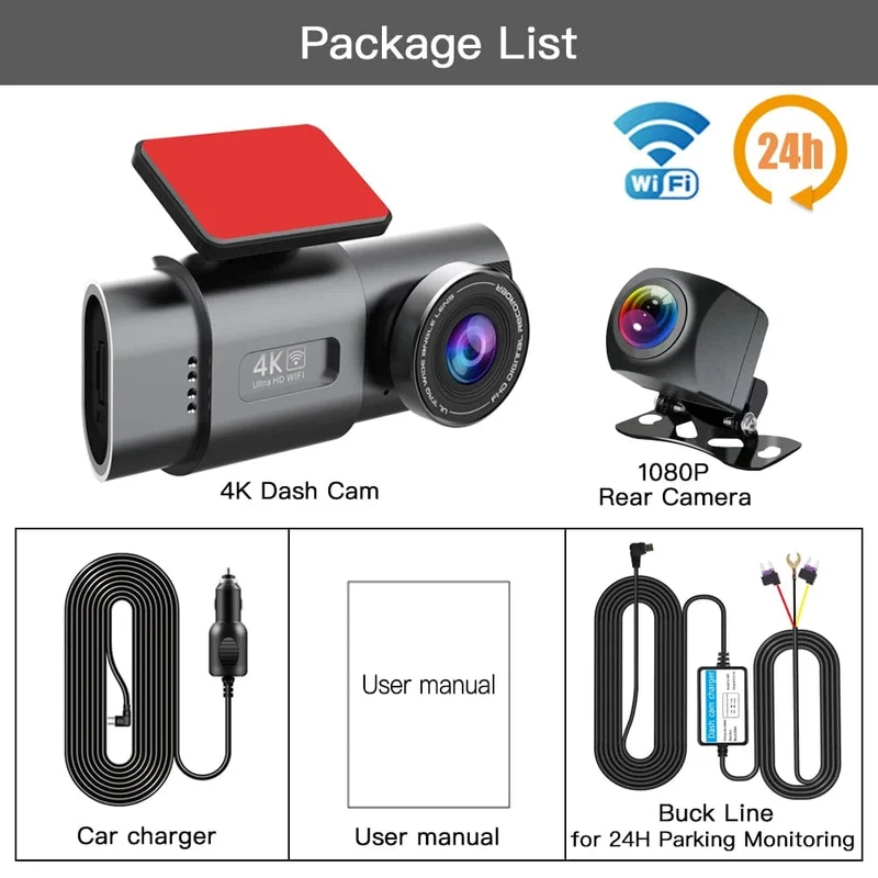 Dashcam UHD 4K+1080P Autorekorder mit Doppelobjektiv und WiFi HD IR Nachtsicht-Camcorder G-Sensor Auto DVR Black Box
