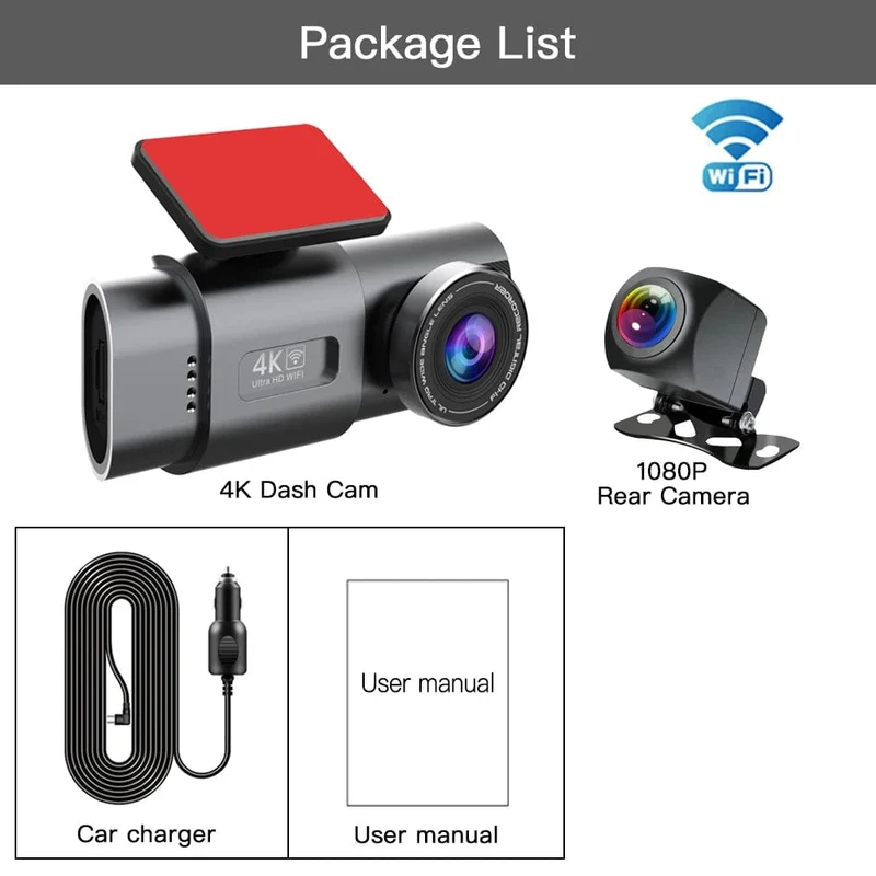 Dashcam UHD 4K+1080P Autorekorder mit Doppelobjektiv und WiFi HD IR Nachtsicht-Camcorder G-Sensor Auto DVR Black Box