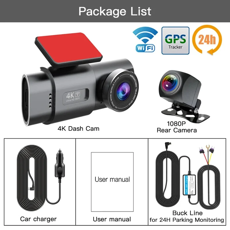 Dashcam UHD 4K+1080P Autorekorder mit Doppelobjektiv und WiFi HD IR Nachtsicht-Camcorder G-Sensor Auto DVR Black Box