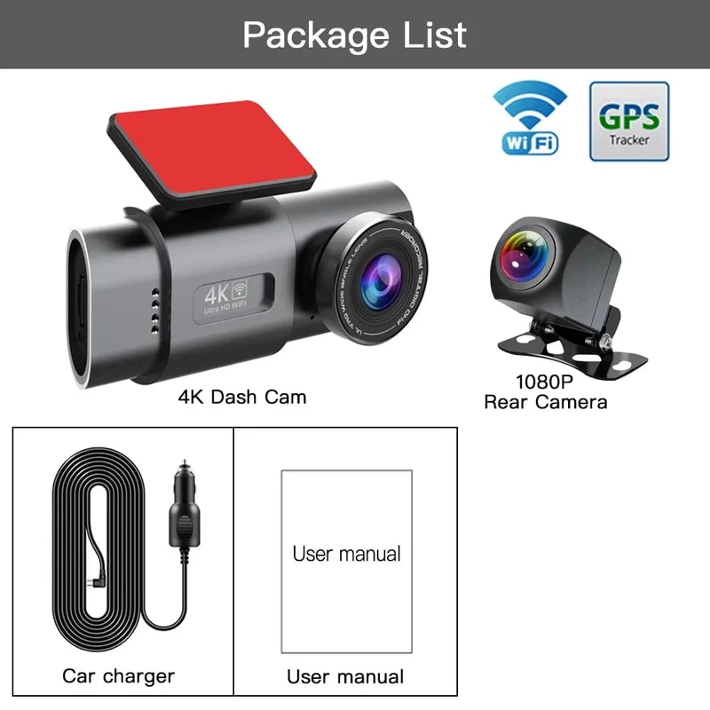 Dashcam UHD 4K+1080P Autorekorder mit Doppelobjektiv und WiFi HD IR Nachtsicht-Camcorder G-Sensor Auto DVR Black Box