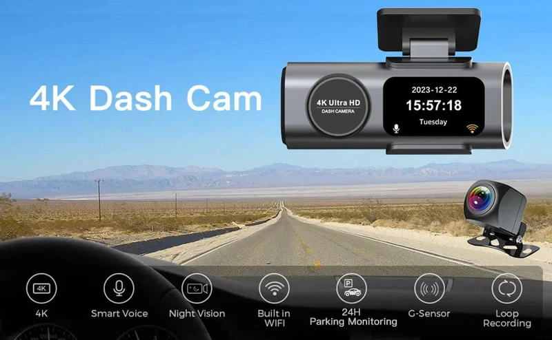 Dashcam UHD 4K+1080P Autorekorder mit Doppelobjektiv und WiFi HD IR Nachtsicht-Camcorder G-Sensor Auto DVR Black Box