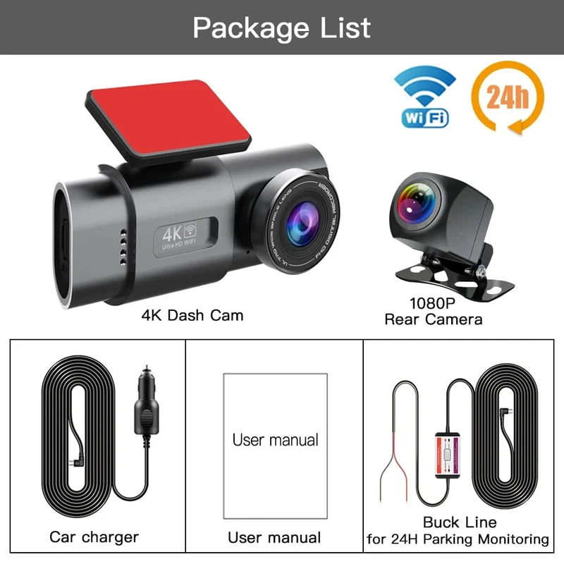 Dashcam UHD 4K+1080P Autorekorder mit Doppelobjektiv und WiFi HD IR Nachtsicht-Camcorder G-Sensor Auto DVR Black Box
