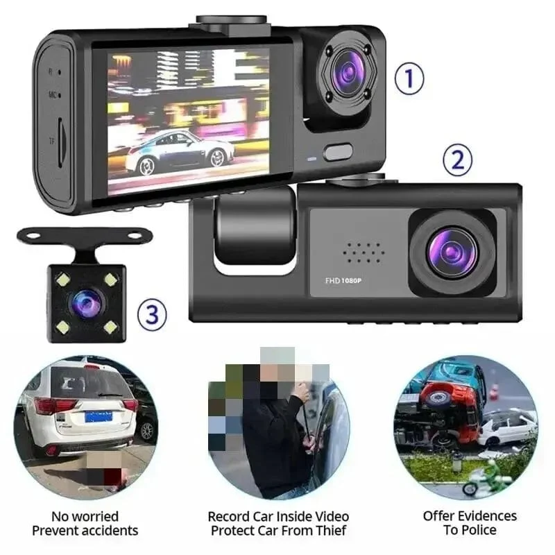 3-Kanal-Auto-DVR, HD 1080P, 3-Objektiv, Fahrzeug-Dashcam, Drei-Wege-Kamera, DVR-Recorder, Videoregistrator, Dashcam-Camcorder