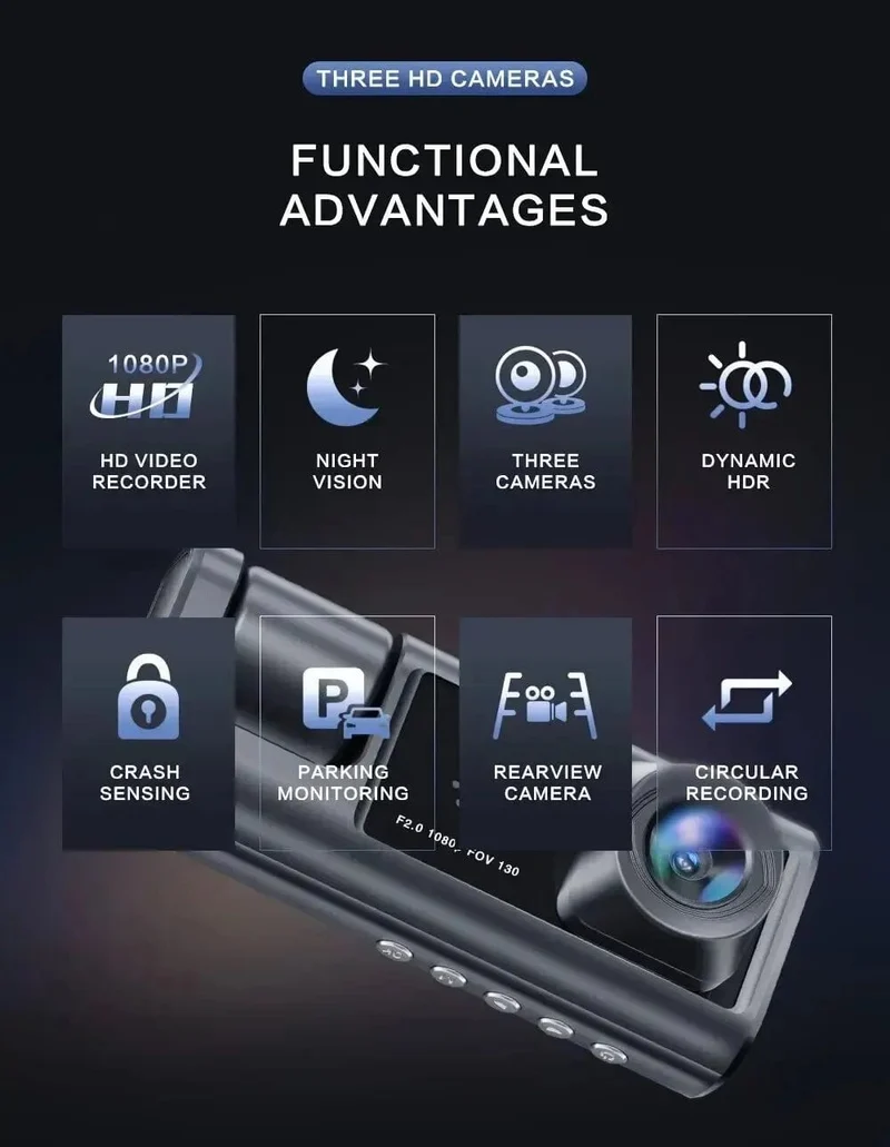 3-Kanal-Auto-DVR, HD 1080P, 3-Objektiv, Fahrzeug-Dashcam, Drei-Wege-Kamera, DVR-Recorder, Videoregistrator, Dashcam-Camcorder