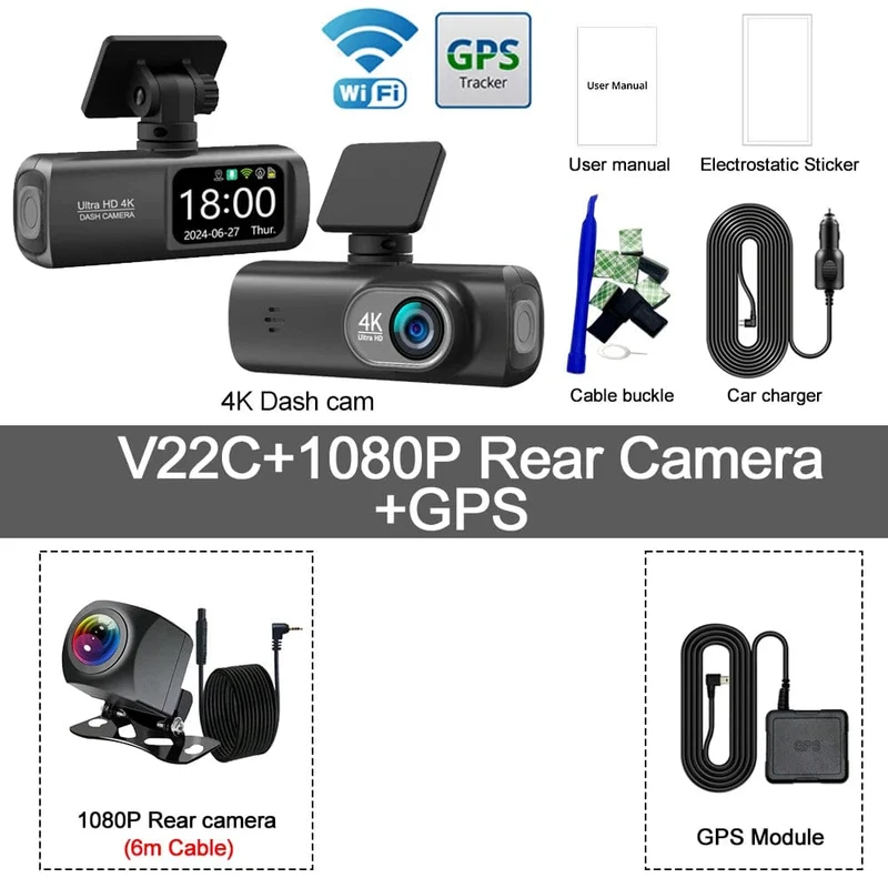 Dashcam 4K Kamera für Auto Dashcam GPS WiFi 24h Parkmonitor Nachtsicht DVR Videoregistrator vorne und hinten