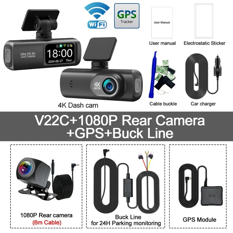 Dashcam 4K Kamera für Auto Dashcam GPS WiFi 24h Parkmonitor Nachtsicht DVR Videoregistrator vorne und hinten