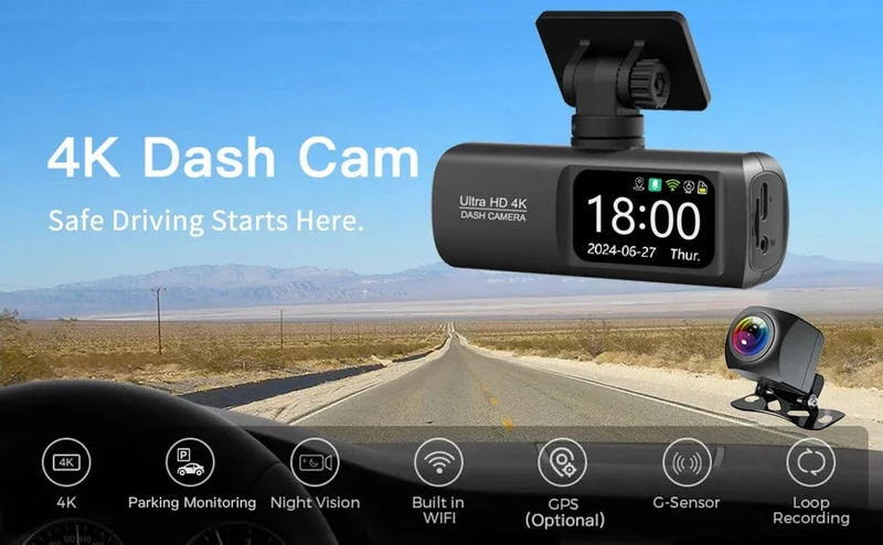 Dashcam 4K Kamera für Auto Dashcam GPS WiFi 24h Parkmonitor Nachtsicht DVR Videoregistrator vorne und hinten