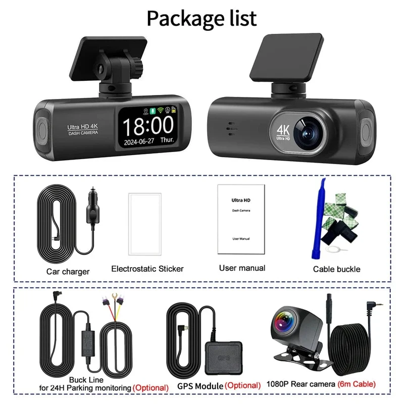 Dashcam 4K Kamera für Auto Dashcam GPS WiFi 24h Parkmonitor Nachtsicht DVR Videoregistrator vorne und hinten
