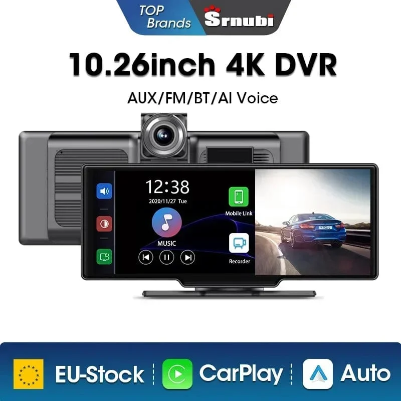 Srnubi 10.26 Zoll Armaturenbrettkamera, Rückfahrkamera, Carplay, Android Auto, 4K DVR, GPS-Navigations-Player, Dual-Objektiv-Recorder, Armaturenbrett, 24-Stunden-Parkplatz, WLAN, BT
