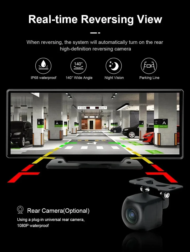 Srnubi 10.26 Zoll Armaturenbrettkamera, Rückfahrkamera, Carplay, Android Auto, 4K DVR, GPS-Navigations-Player, Dual-Objektiv-Recorder, Armaturenbrett, 24-Stunden-Parkplatz, WLAN, BT