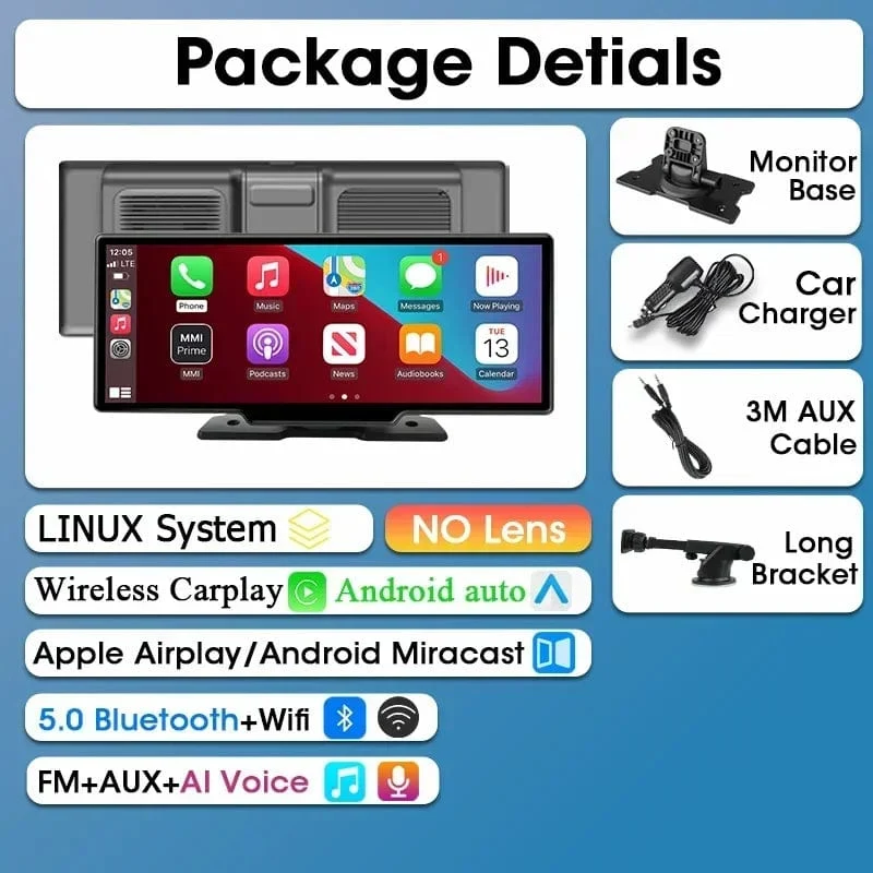 Srnubi 10.26 Zoll Armaturenbrettkamera, Rückfahrkamera, Carplay, Android Auto, 4K DVR, GPS-Navigations-Player, Dual-Objektiv-Recorder, Armaturenbrett, 24-Stunden-Parkplatz, WLAN, BT