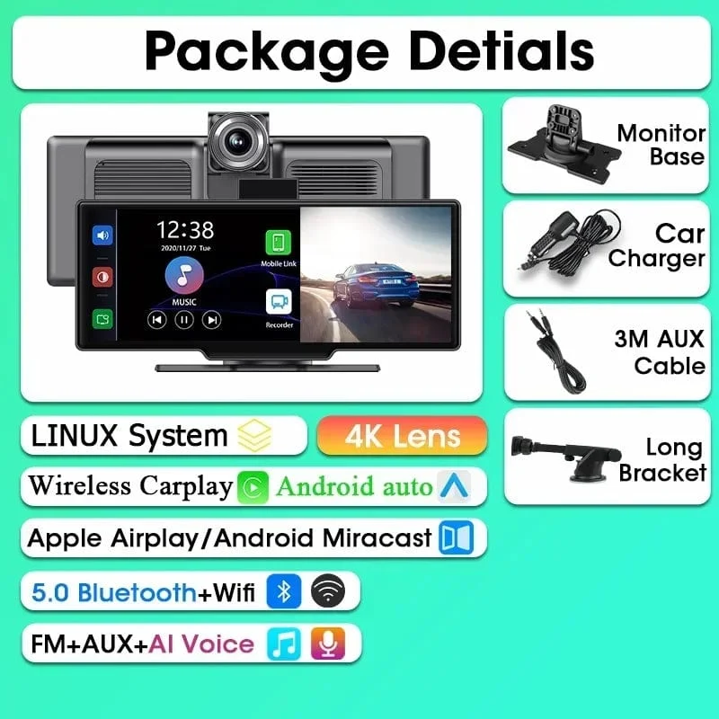 Srnubi 10.26 Zoll Armaturenbrettkamera, Rückfahrkamera, Carplay, Android Auto, 4K DVR, GPS-Navigations-Player, Dual-Objektiv-Recorder, Armaturenbrett, 24-Stunden-Parkplatz, WLAN, BT