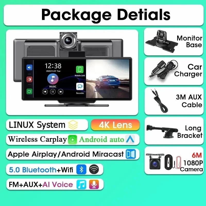 Srnubi 10.26 Zoll Armaturenbrettkamera, Rückfahrkamera, Carplay, Android Auto, 4K DVR, GPS-Navigations-Player, Dual-Objektiv-Recorder, Armaturenbrett, 24-Stunden-Parkplatz, WLAN, BT