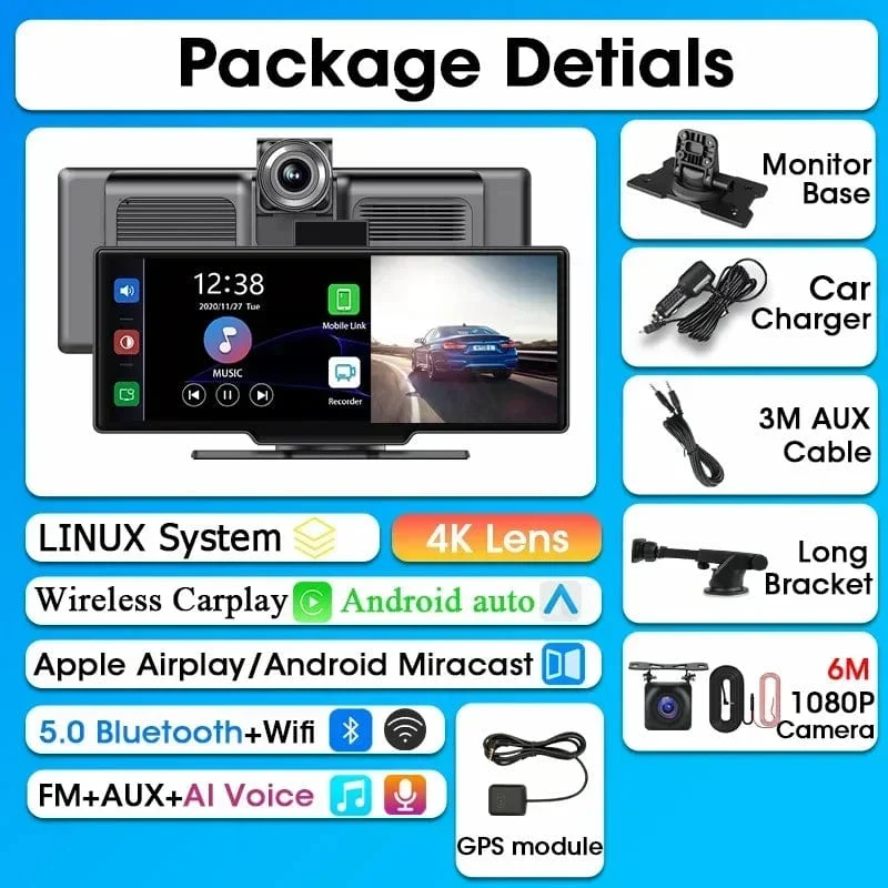 Srnubi 10.26 Zoll Armaturenbrettkamera, Rückfahrkamera, Carplay, Android Auto, 4K DVR, GPS-Navigations-Player, Dual-Objektiv-Recorder, Armaturenbrett, 24-Stunden-Parkplatz, WLAN, BT