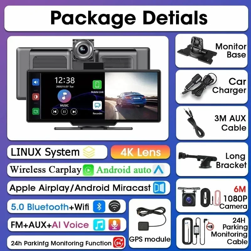 Srnubi 10.26 Zoll Armaturenbrettkamera, Rückfahrkamera, Carplay, Android Auto, 4K DVR, GPS-Navigations-Player, Dual-Objektiv-Recorder, Armaturenbrett, 24-Stunden-Parkplatz, WLAN, BT