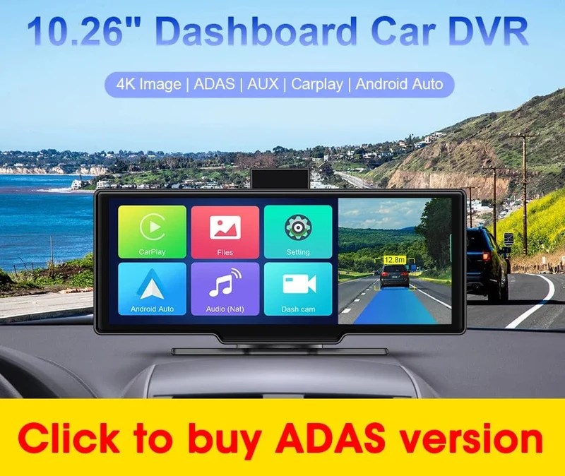 Srnubi 10.26 Zoll Armaturenbrettkamera, Rückfahrkamera, Carplay, Android Auto, 4K DVR, GPS-Navigations-Player, Dual-Objektiv-Recorder, Armaturenbrett, 24-Stunden-Parkplatz, WLAN, BT
