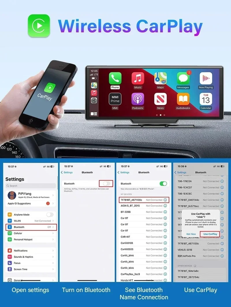 Srnubi 10.26 Zoll Armaturenbrettkamera, Rückfahrkamera, Carplay, Android Auto, 4K DVR, GPS-Navigations-Player, Dual-Objektiv-Recorder, Armaturenbrett, 24-Stunden-Parkplatz, WLAN, BT