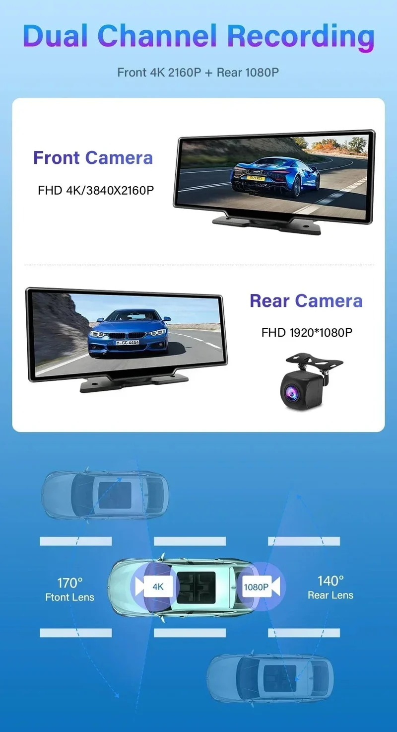 Srnubi 10.26 Zoll Armaturenbrettkamera, Rückfahrkamera, Carplay, Android Auto, 4K DVR, GPS-Navigations-Player, Dual-Objektiv-Recorder, Armaturenbrett, 24-Stunden-Parkplatz, WLAN, BT