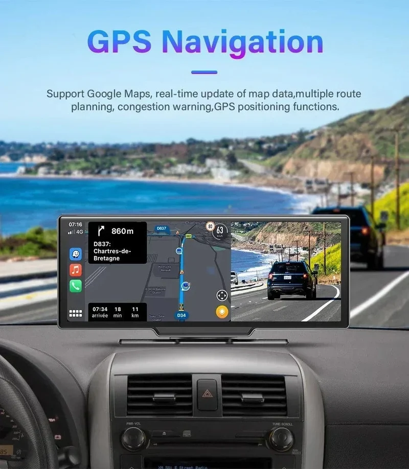 Srnubi 10.26 Zoll Armaturenbrettkamera, Rückfahrkamera, Carplay, Android Auto, 4K DVR, GPS-Navigations-Player, Dual-Objektiv-Recorder, Armaturenbrett, 24-Stunden-Parkplatz, WLAN, BT