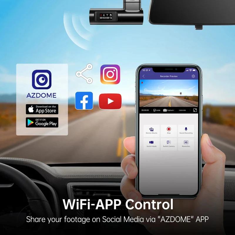 AZDOME M330 Auto-DVR 1296P Dashcam Smart Voice Control WiFi Kostenlose App G-Sensor Notfallaufzeichnung Parkmonitor Loop-Aufzeichnung