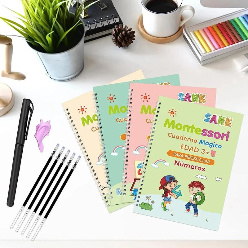4 Bücher Magisches Schreibbuch in spanischem Kalligraphie-Notizbuch, Montessori-Kinder, wiederverwendbares pädagogisches Kalligraphie-Buchstaben-Übungsspielzeug