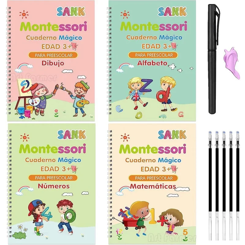 4 Bücher Magisches Schreibbuch in spanischem Kalligraphie-Notizbuch, Montessori-Kinder, wiederverwendbares pädagogisches Kalligraphie-Buchstaben-Übungsspielzeug