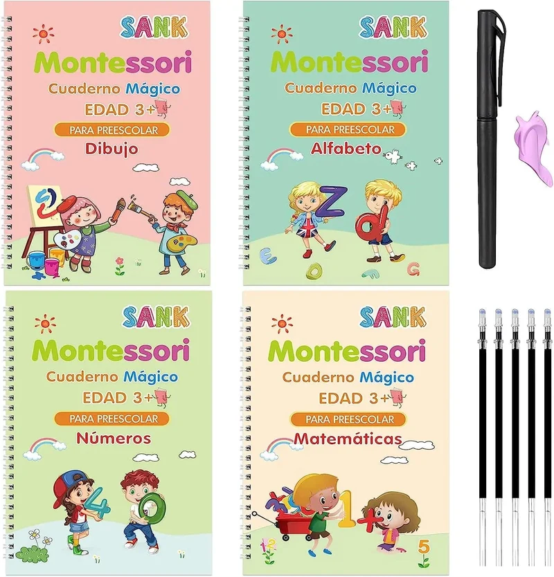 4 Bücher Magisches Schreibbuch in spanischem Kalligraphie-Notizbuch, Montessori-Kinder, wiederverwendbares pädagogisches Kalligraphie-Buchstaben-Übungsspielzeug