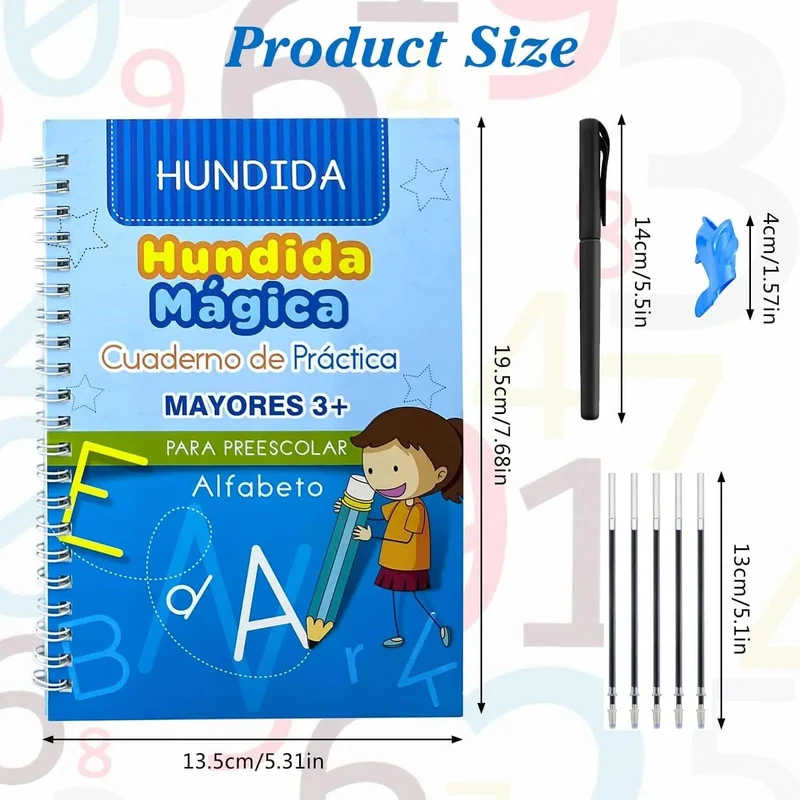 4 Bücher Magisches Schreibbuch in spanischem Kalligraphie-Notizbuch, Montessori-Kinder, wiederverwendbares pädagogisches Kalligraphie-Buchstaben-Übungsspielzeug