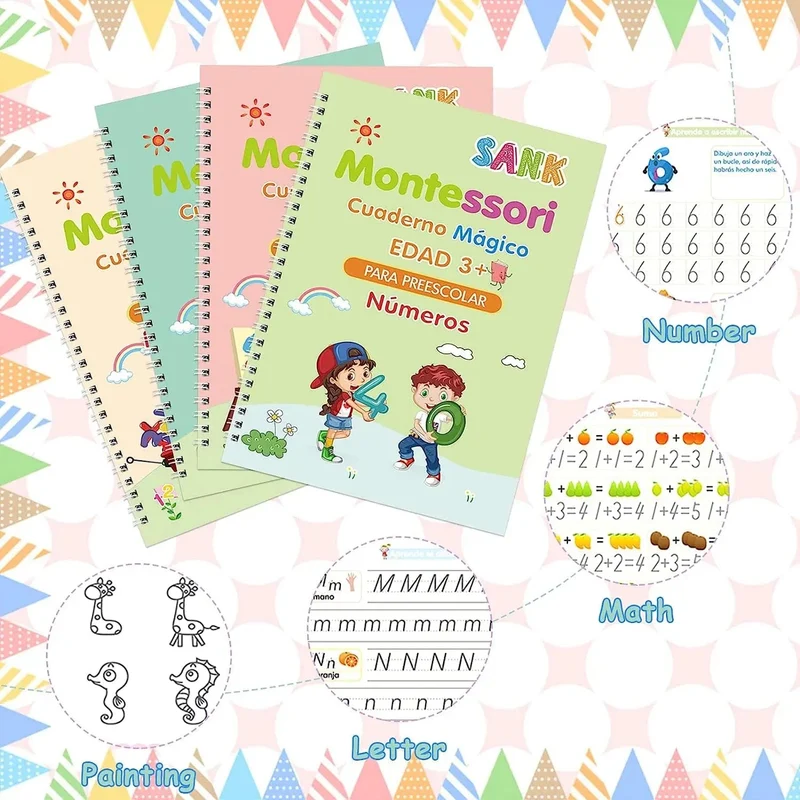 4 Bücher Magisches Schreibbuch in spanischem Kalligraphie-Notizbuch, Montessori-Kinder, wiederverwendbares pädagogisches Kalligraphie-Buchstaben-Übungsspielzeug