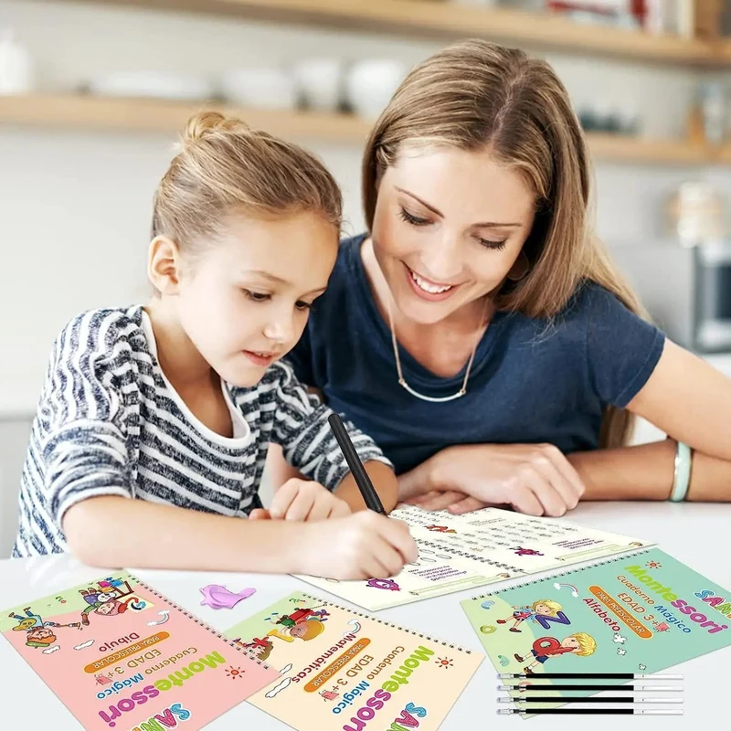 4 Bücher Magisches Schreibbuch in spanischem Kalligraphie-Notizbuch, Montessori-Kinder, wiederverwendbares pädagogisches Kalligraphie-Buchstaben-Übungsspielzeug