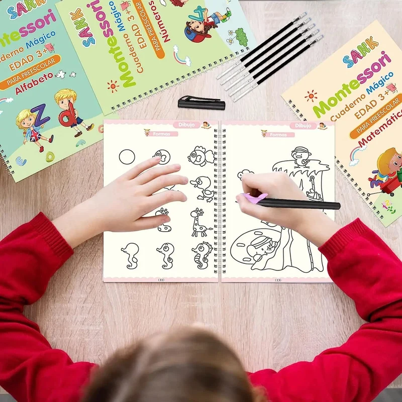 4 Bücher Magisches Schreibbuch in spanischem Kalligraphie-Notizbuch, Montessori-Kinder, wiederverwendbares pädagogisches Kalligraphie-Buchstaben-Übungsspielzeug